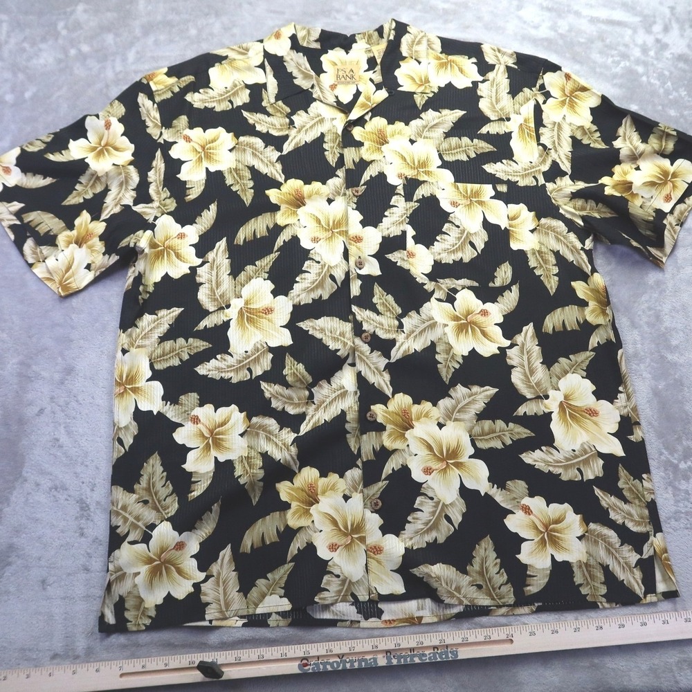 Jos A Bank Men's XL Silk Hawaiian Camp Shirt Black Tropical Hibiscus